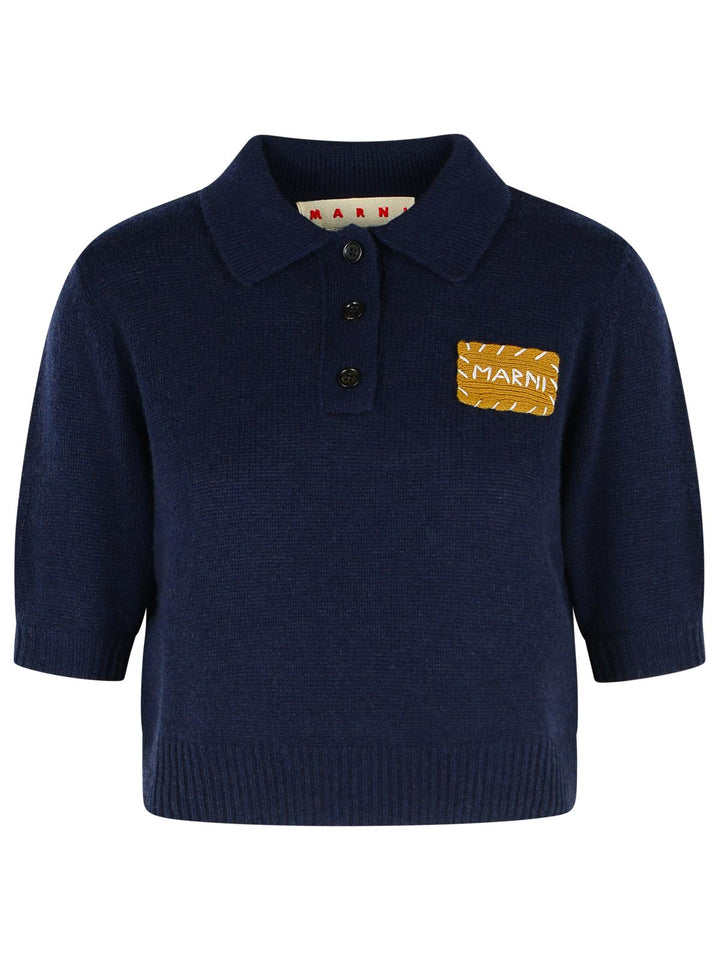 Marni Polo Sweater In Dark Blue Cashmere With 'Marni' Application Women