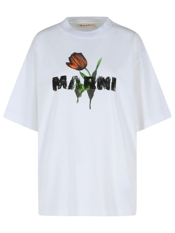 Marni White Cotton T-Shirt With Tulip Print Women
