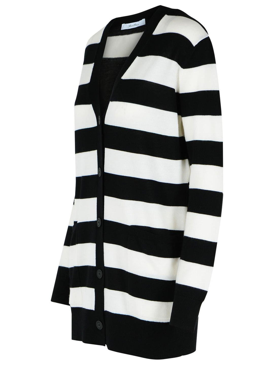 Black and white striped cardigan on a white background