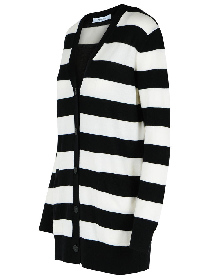 Black and white striped cardigan on a white background