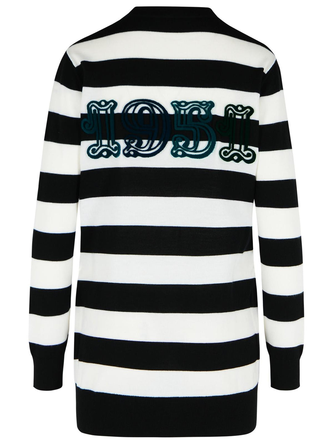 Black and white striped sweater with a logo on a white background