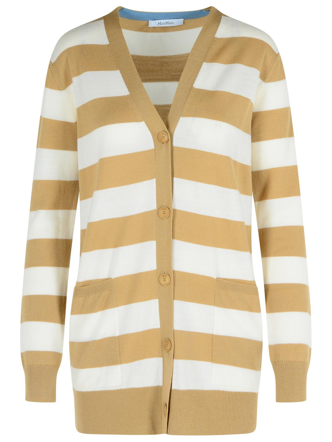 Striped cardigan with brown and white horizontal stripes on a white background