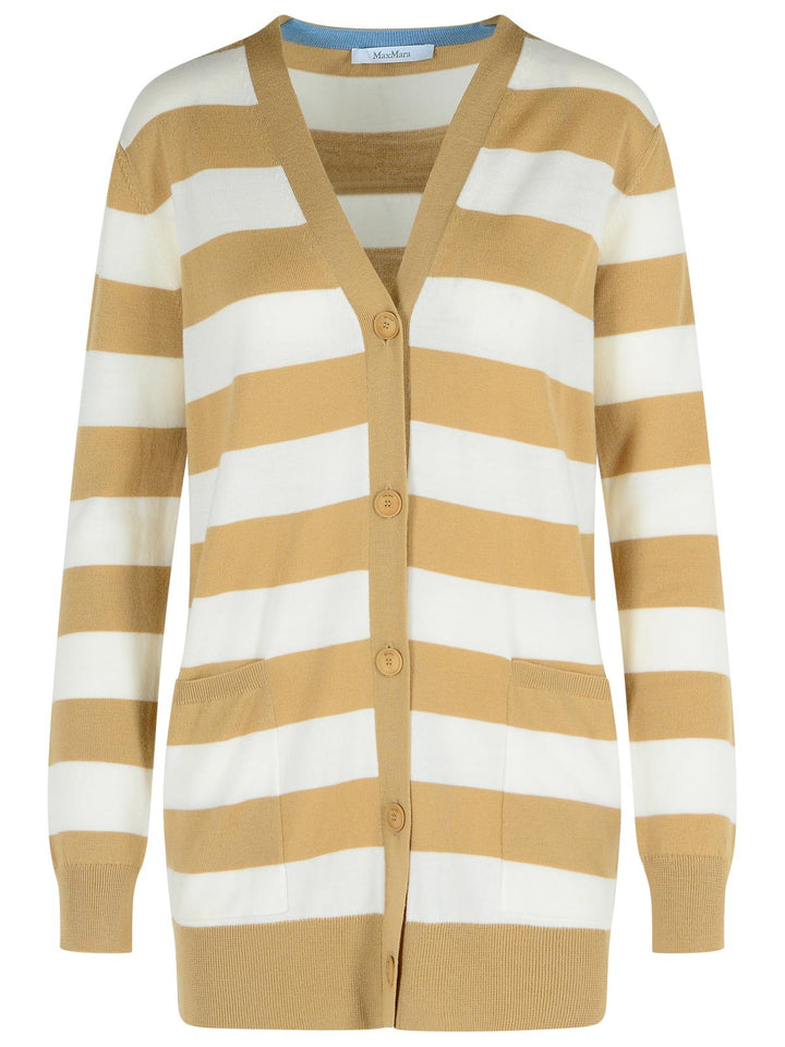Striped cardigan with brown and white horizontal stripes on a white background