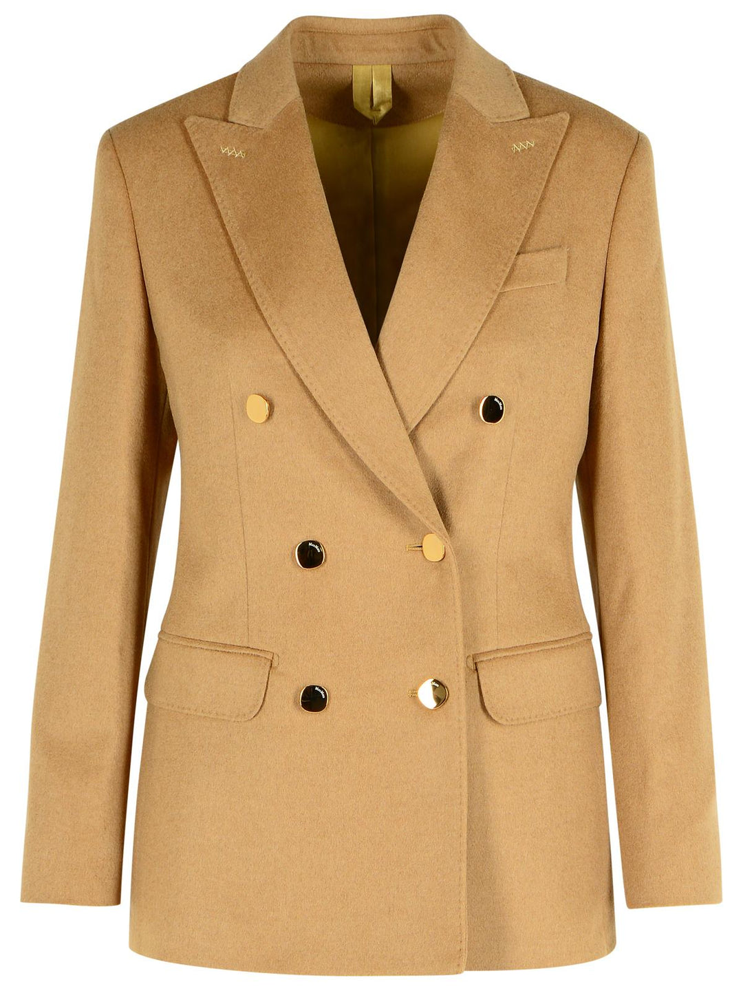 Tan double-breasted blazer with black and gold buttons on a white background
