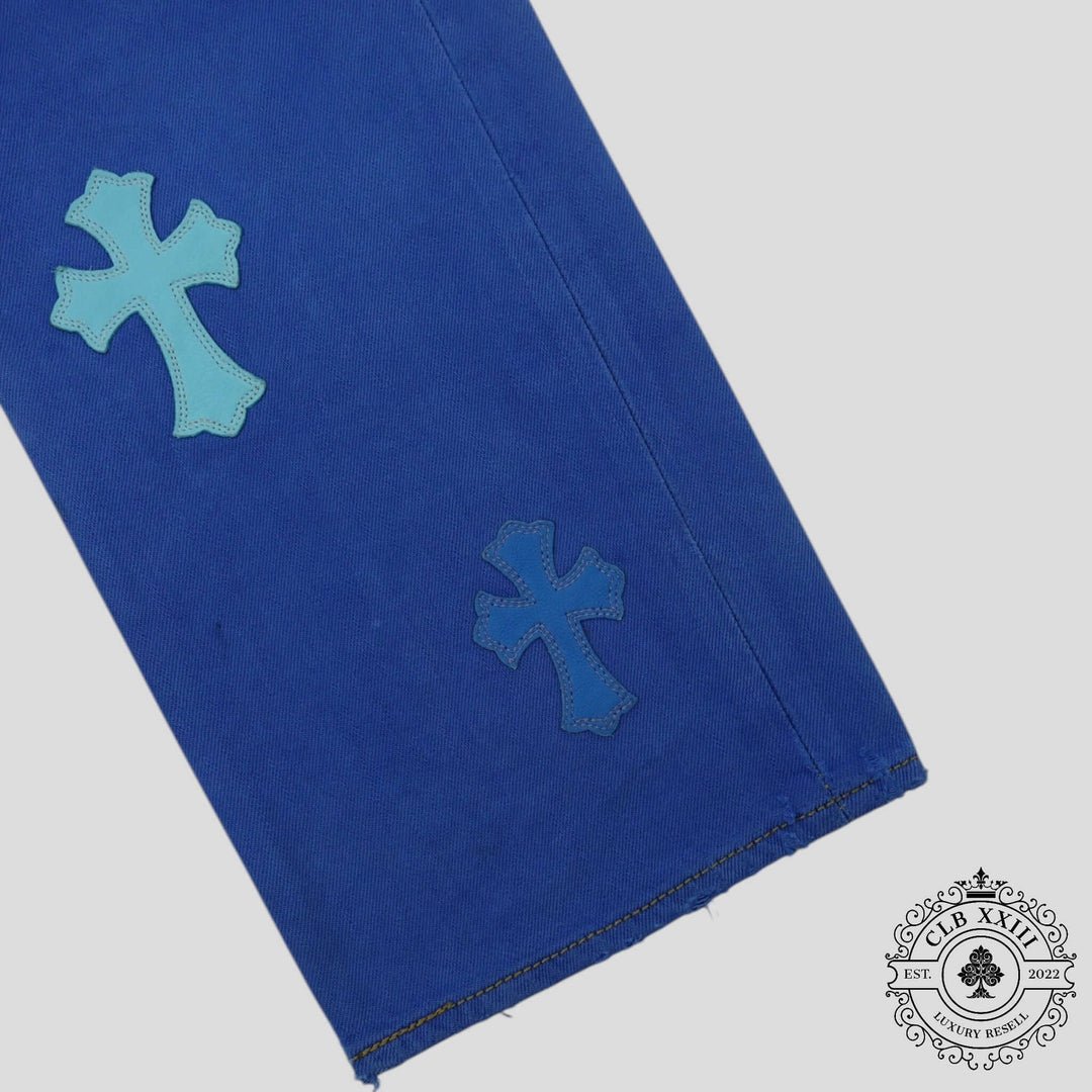 Chrome Hearts Levis Cross Patch Jeans in Blue featuring unique cross patches, a rare find in luxury denim.