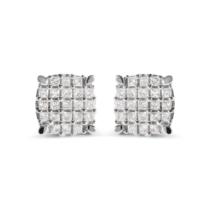 10K White Gold 3/4 Cttw Princess Diamond Composite Cushion Shape Stud Earrings (I-J Color, I1-I2 Clarity)