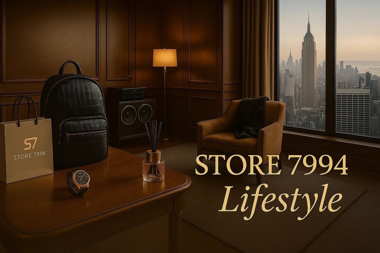Luxury interior with a backpack, shopping bag, and cityscape view, featuring 'STORE 7994 Lifestyle'.