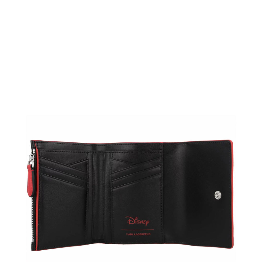 A black leather polyurethane wallet with a metallic fastening featuring a geometric pattern and a character silhouette.