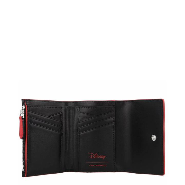 A black leather polyurethane wallet with a metallic fastening featuring a geometric pattern and a character silhouette.