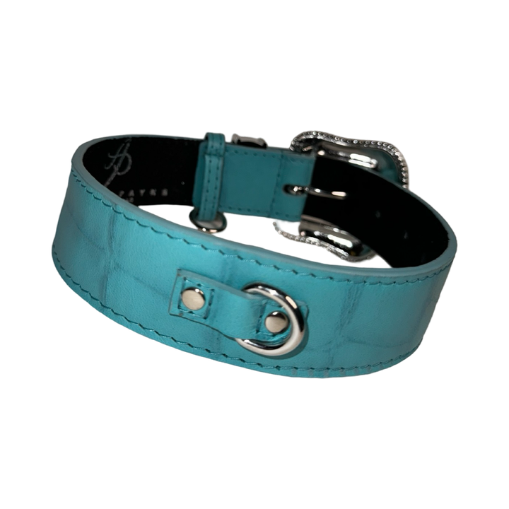 The Tiffany Collection. Gorgeous Turquoise Blue Embossed Croc Italian Leather/Custom Silver Swarovski Crystal Hardware Collar.