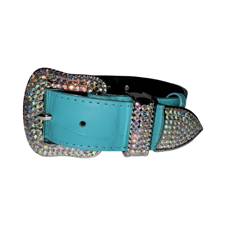 The Tiffany Collection. Gorgeous Turquoise Blue Embossed Croc Italian Leather/Custom Silver Swarovski Crystal Hardware Collar.