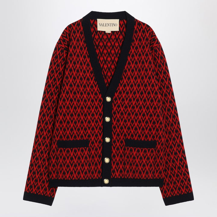 Valentino Jacquard Patterned Cardigan Toute La V Red/Navy Blue Men