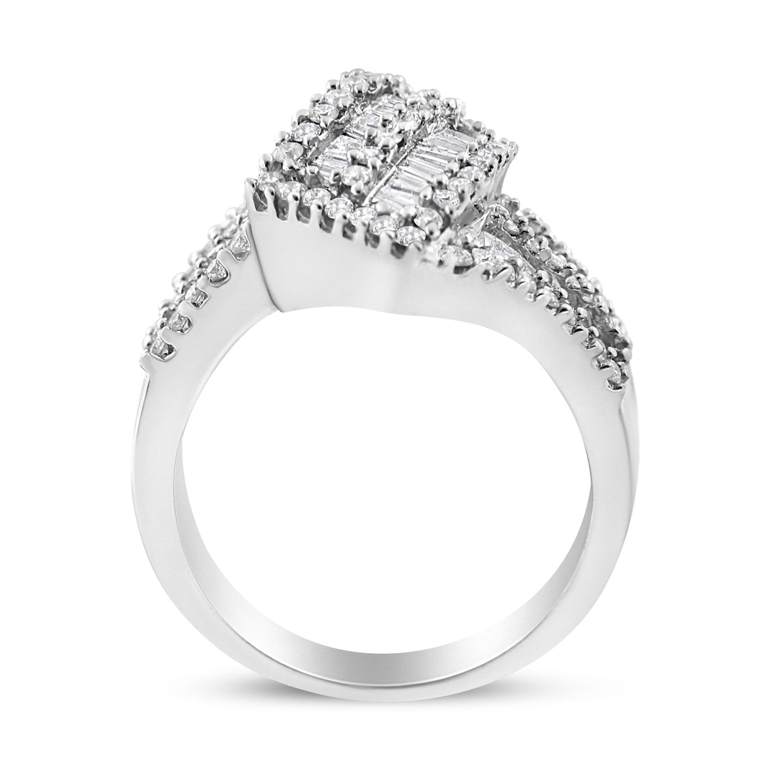 14K White Gold 1-1/2 Cttw Round and Baguette Diamond Bypass Cocktail Ring Band (H-I Color, SI1-SI2 Clarity) - Size 7