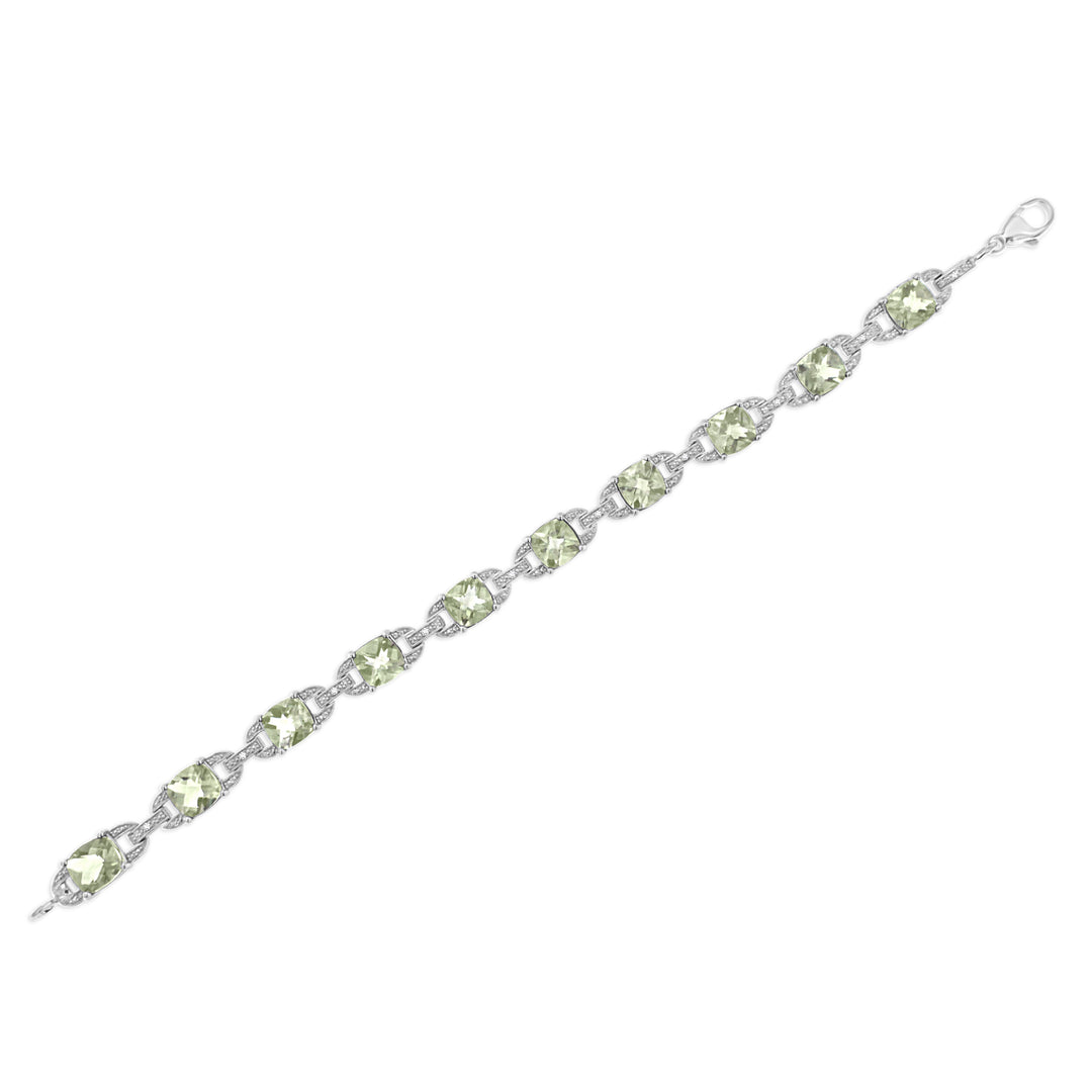 .925 Sterling Silver 7x7 mm Cushion Cut Green Amethyst and 1/20 cttw Round Cut Diamond Fashion Tennis Bracelet (I-J Color, I1-I2 Clarity) - 7"