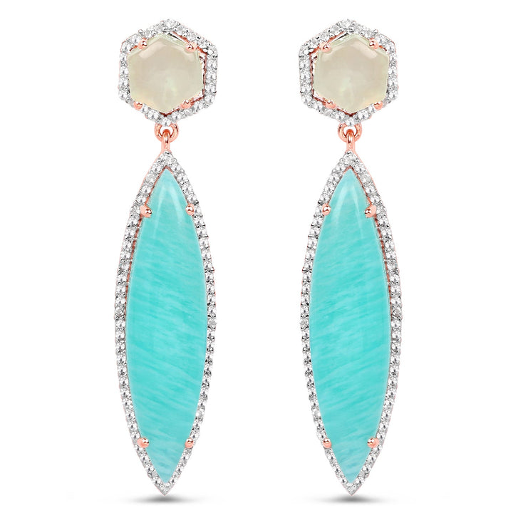 14K Rose Gold Plated 17.14 Carat Genuine Amazonite, Prehnite And White Topaz .925 Sterling Silver Earrings