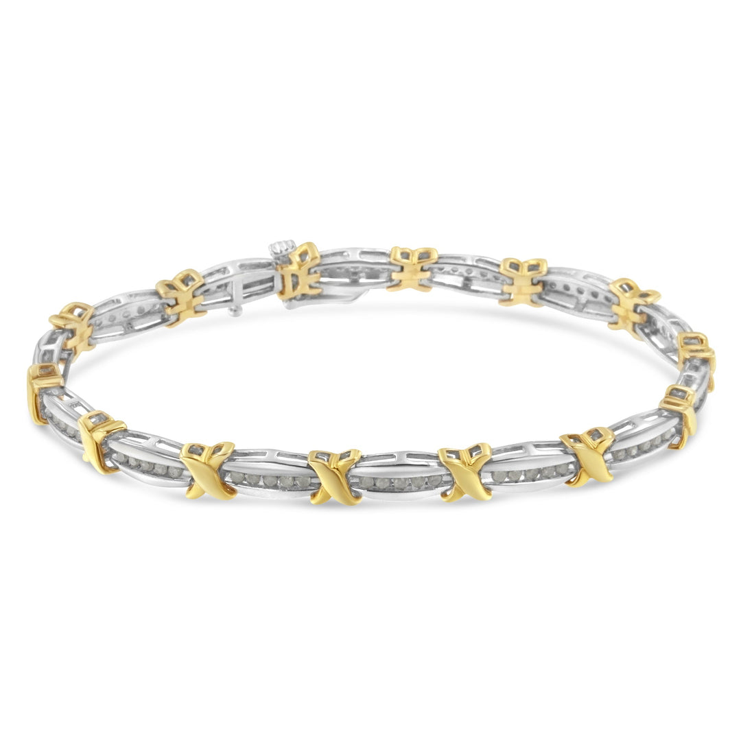 Two-Tone 10K Yellow Gold over .925 Sterling Silver 1.0 Cttw Diamond Channel Set Tapered &amp; X-Link 7" Tennis Bracelet (H-I Color, I2-I3 Clarity)
