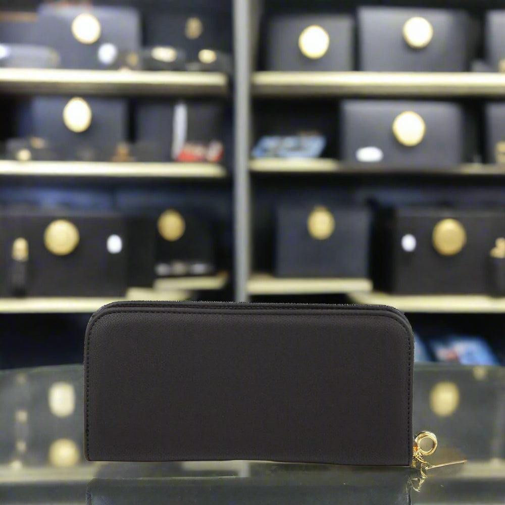 Versace Jeans black synthetic wallet with zip fastening, stylish design for women, featuring original packaging.