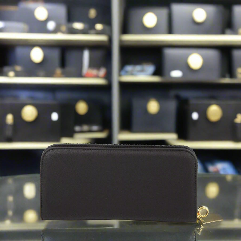 Versace Jeans black synthetic wallet with zip fastening, stylish design for women, featuring original packaging.