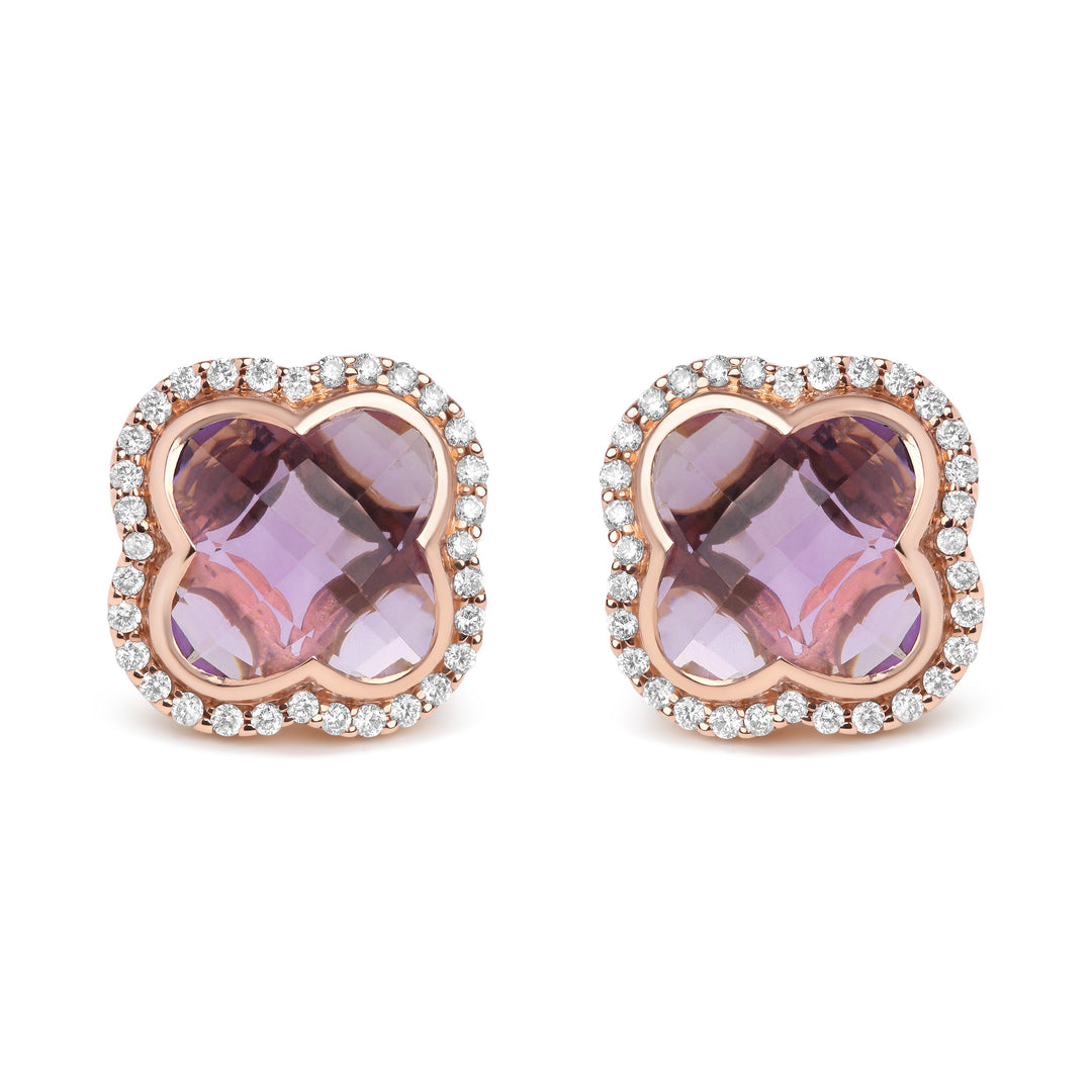18K Rose Gold 3/8 Cttw Diamond and 11x11mm Clover-Cut Purple Amethyst Gemstone Clover Halo Stud Earrings (G-H Color, SI1-SI2 Clarity)