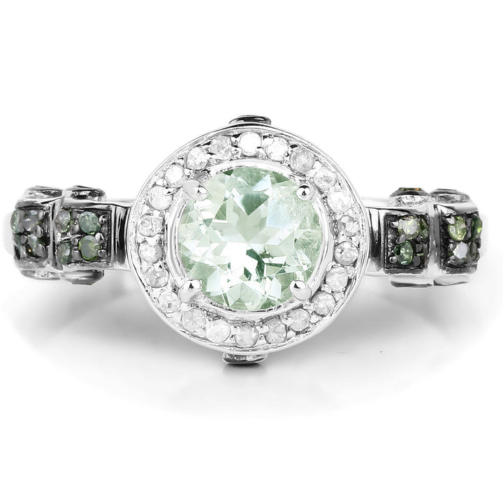 1.07 Carat Genuine Green Amethyst, Green Diamond and White Diamond .925 Sterling Silver Ring