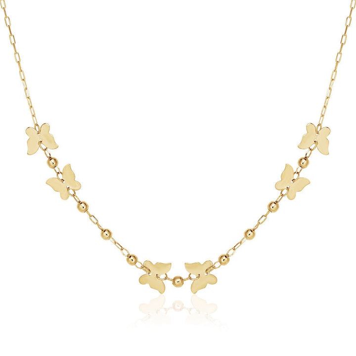 14k Yellow Gold 18 inch Necklace with Polished Butterflies and Beads