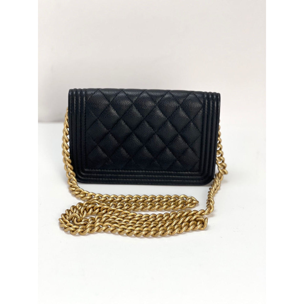 Chanel Caviar Quilted Mini Boy Clutch Wallet on a Chain Black with gold chain detailing, luxury bags