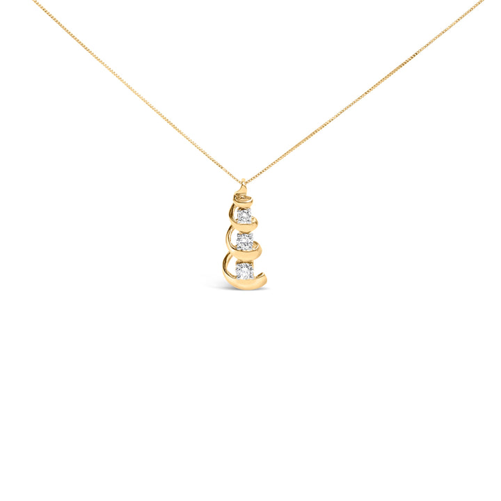 10k Yellow Gold 1/4 Cttw Diamond 3 Stone Swirl and Drop Pendant Necklace