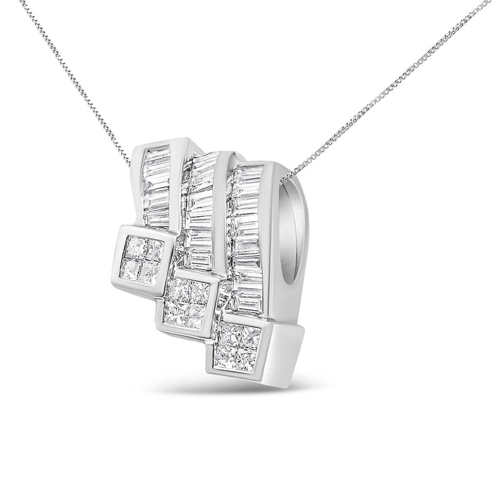 14K White Gold 1 1/2 Cttw Invisible Set Princess and Channel Set Baguette-cut Diamond Triple Curve Pendant Necklace (G-H Color, SI1-SI2 Clarity) - NO CHAIN INCLUDED