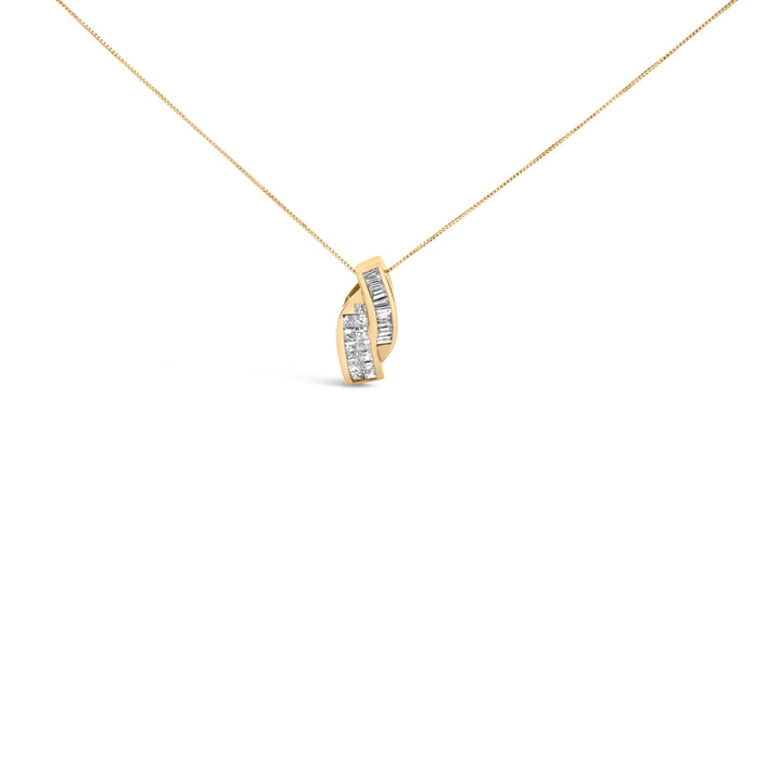 14k Yellow Gold 1 1/3 Cttw Princess and Baguette-cut Diamond Double Curved Pendant Necklace (H-I Color ,VS1-VS2 Clarity) - NO CHAIN INCLUDED