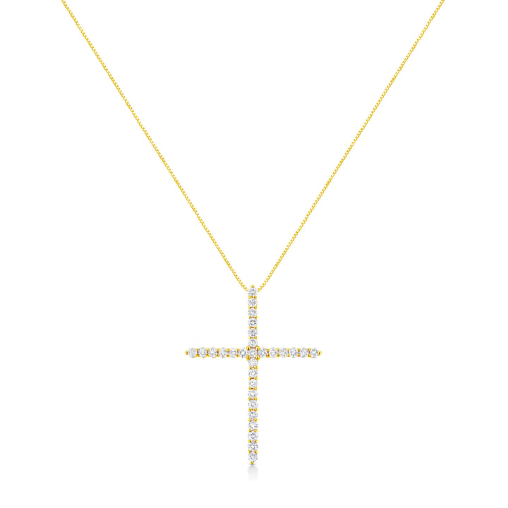 10K Yellow Gold Plated .925 Sterling Silver 3.0 Cttw Prong-Set Round Brilliant Cut Diamond Cross 18" Pendant Necklace (J-K Color, I1-I2 Clarity)