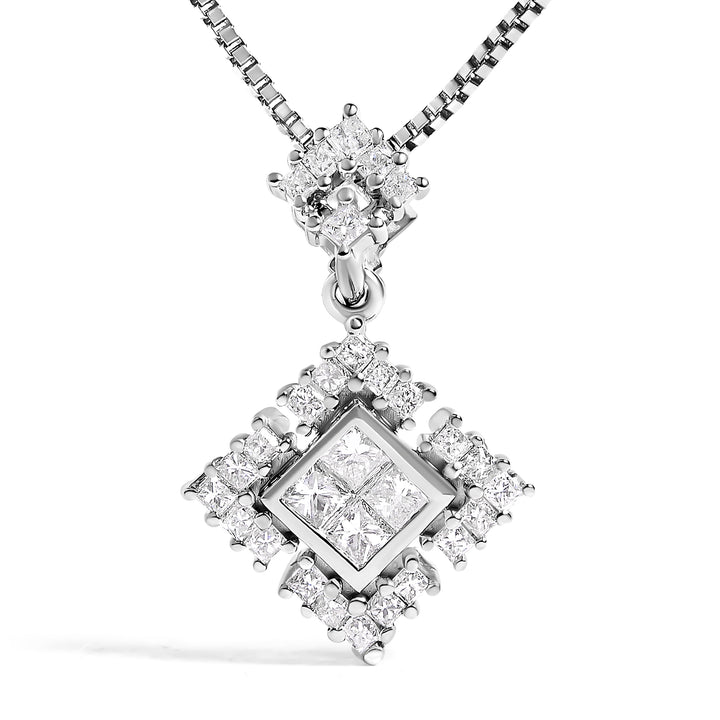 10K White Gold Princess Cut Diamond Geometric Pendant Necklace