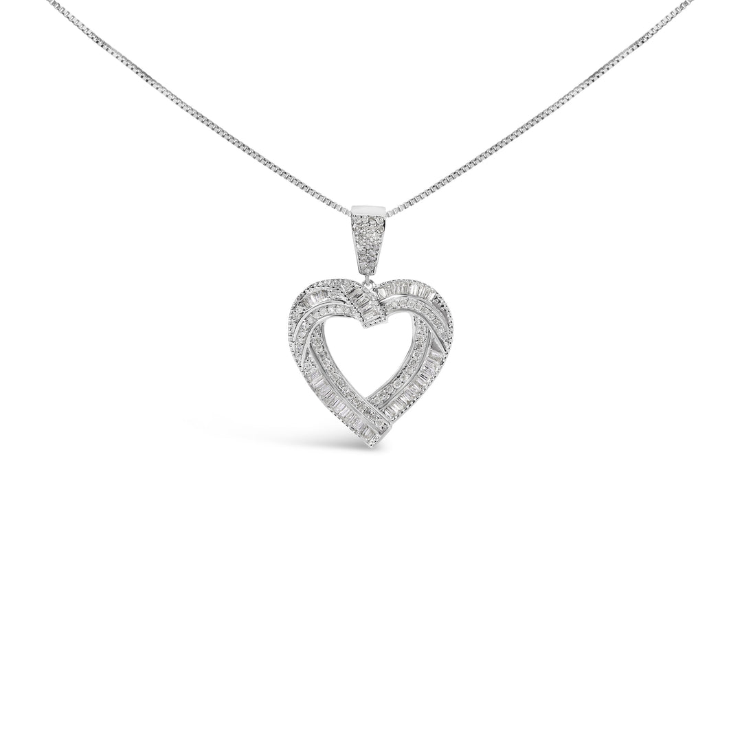 .925 Sterling Silver 1.00 Cttw Baguette and Round Diamond Open Heart Pendant Necklace