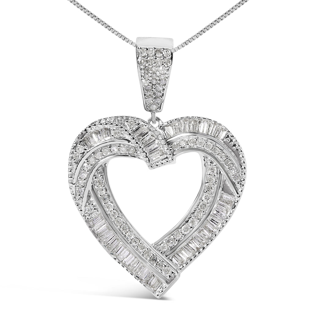 .925 Sterling Silver 1.00 Cttw Baguette and Round Diamond Open Heart Pendant Necklace