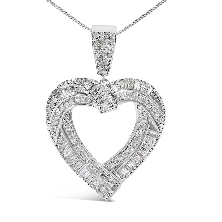 .925 Sterling Silver 1.00 Cttw Baguette and Round Diamond Open Heart Pendant Necklace
