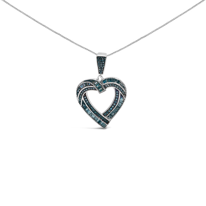 .925 Sterling Silver 1.00 Cttw Baguette and Round Blue Diamond Open Heart Pendant Necklace