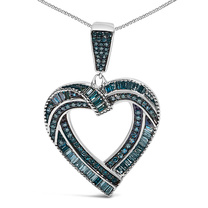 .925 Sterling Silver 1.00 Cttw Baguette and Round Blue Diamond Open Heart Pendant Necklace