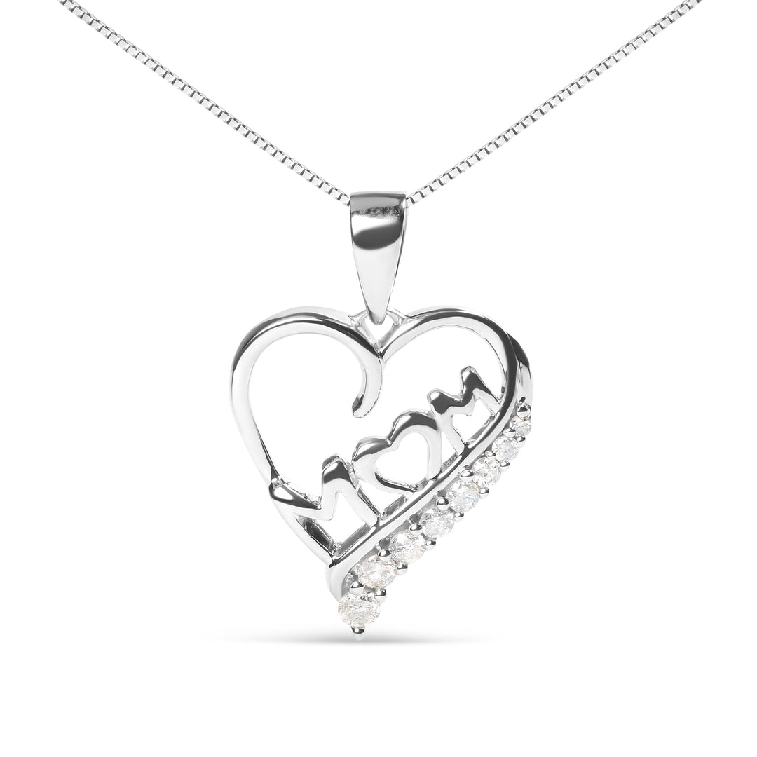.925 Sterling Silver 1/4 Cttw Diamond  "Mom" and Open Heart 18" Pendant Necklace (I-J Color, I2-I3 Clarity)