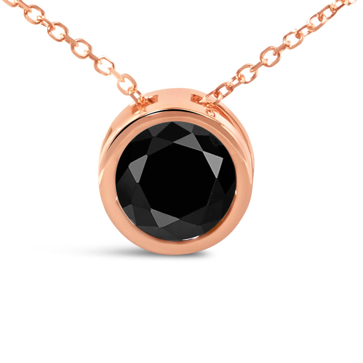14K Rose Gold 3 1/2 Cttw Bezel-Set Black Round Diamond Solitaire Pendant Necklace (Black Color, I2-I3 Clarity) - 18"