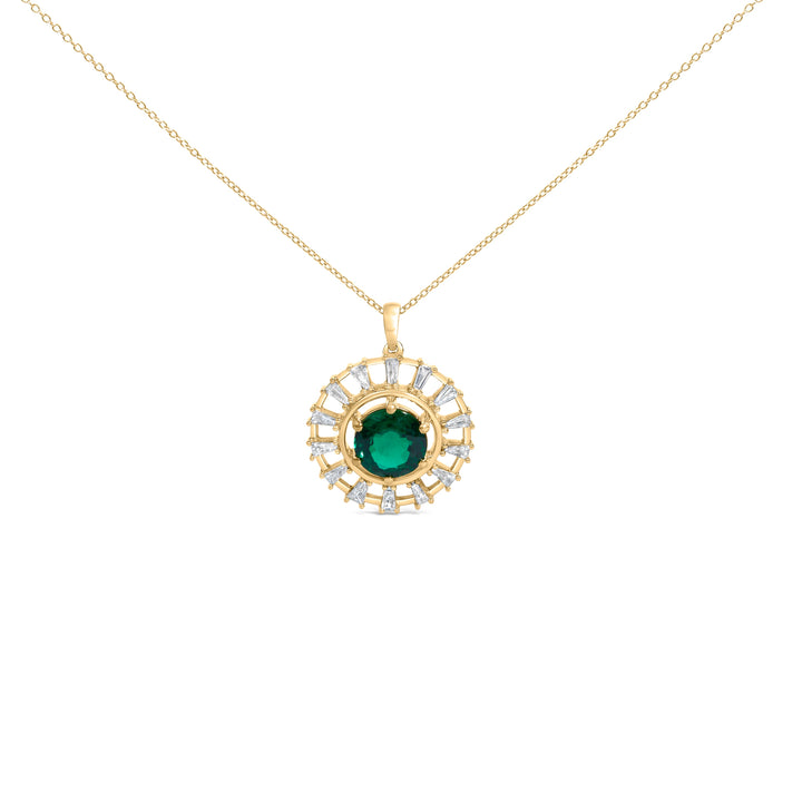 14KT Yellow Gold Plated .925 Sterling Silver Lab Grown Emerald and Baguette Diamond Medallion Pendant Necklace