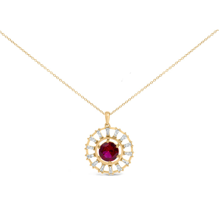 14K Yellow Gold Plated Silver Lab Grown Ruby and 5/8 Cttw Baguette Diamond Medallion Pendant Necklace