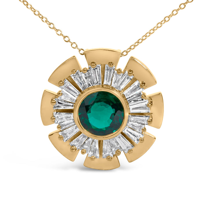 14K Yellow Gold Plated .925 Sterling Silver Lab Grown Emerald and Baguette Diamond Medallion Pendant Necklace
