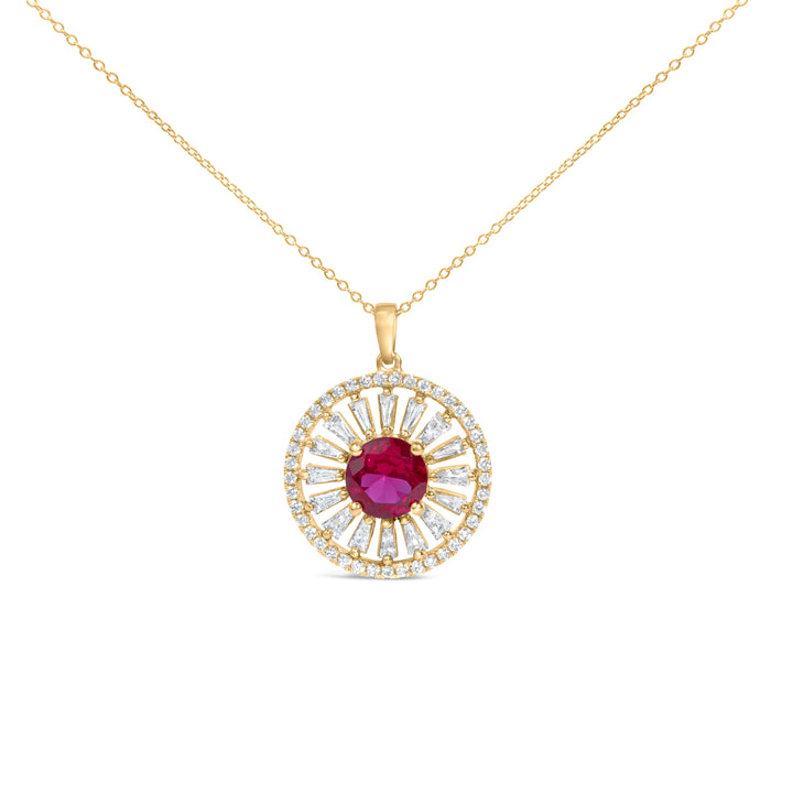 14K Yellow Gold Plated Sterling Silver Lab Grown Ruby and Diamond Sunburst Medallion Pendant Necklace