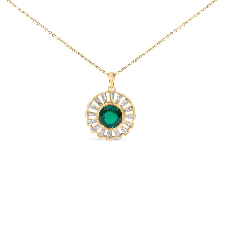 14K Yellow Gold Plated Sterling Silver Lab Grown Emerald and Baguette Diamond Sunburst Medallion Pendant Necklace