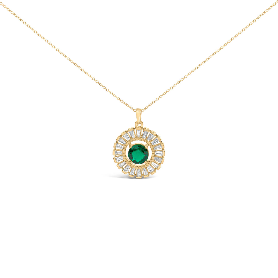 14K Yellow Gold Plated Silver Lab Grown Emerald and Diamond Sunburst Medallion Pendant Necklace