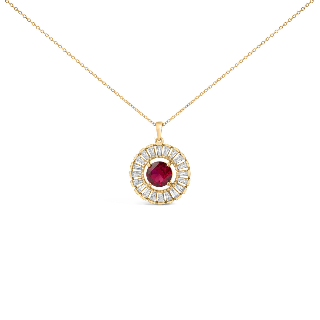 14K Yellow Gold Plated Sterling Silver Created Red Ruby and Diamond Medallion Pendant Necklace