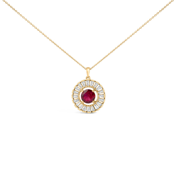14K Yellow Gold Plated Sterling Silver Created Red Ruby and Diamond Medallion Pendant Necklace