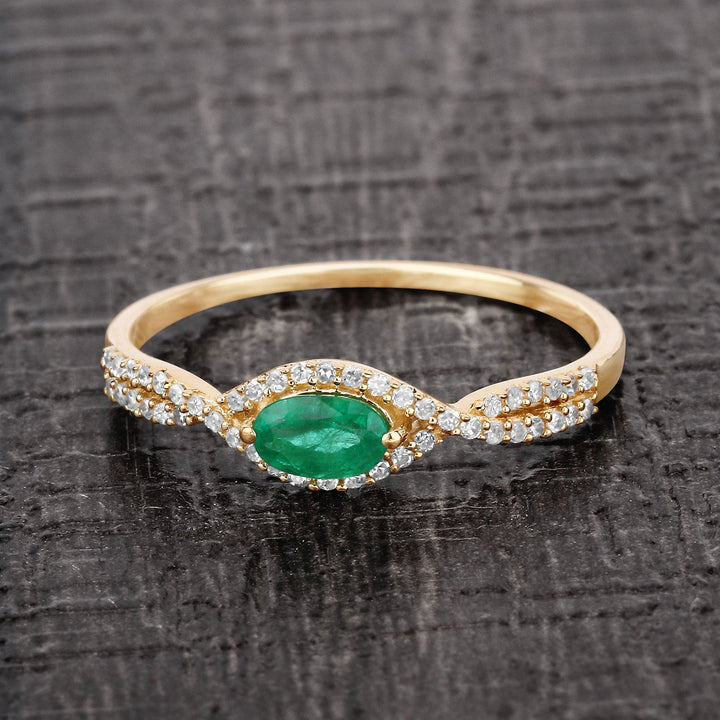 0.32 Carat Genuine Zambian Emerald and White Diamond 14K Yellow Gold Ring
