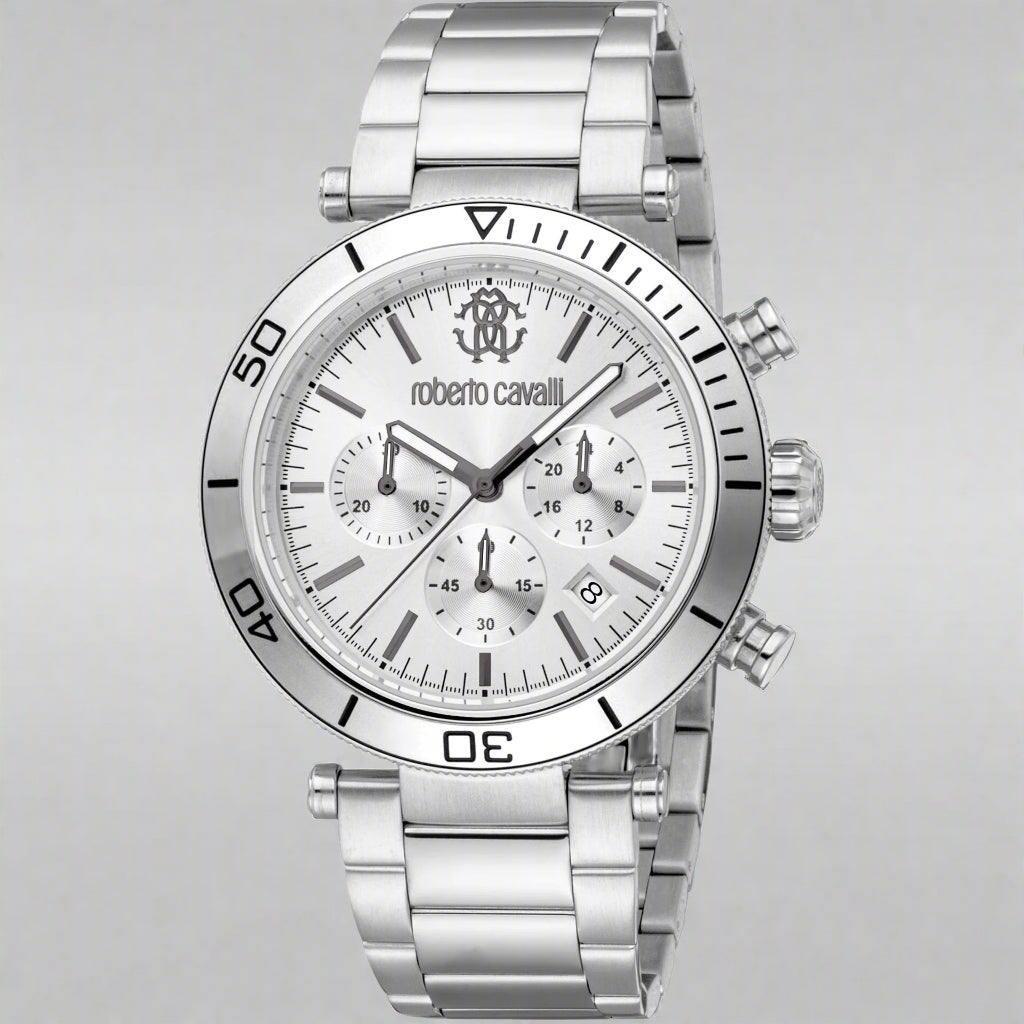 Roberto Cavalli men's silver tone chronograph day date Watches