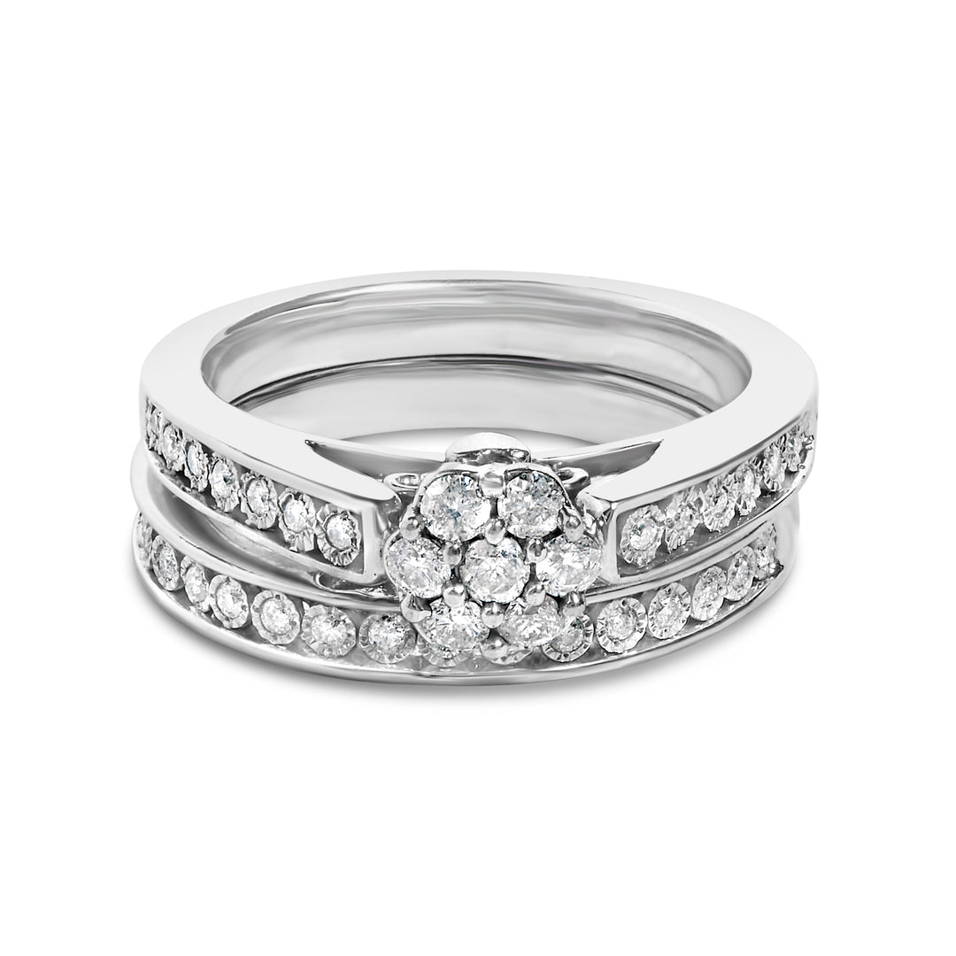 Sterling Silver 1/2 Cttw Diamond Cluster Flower Bridal Set
