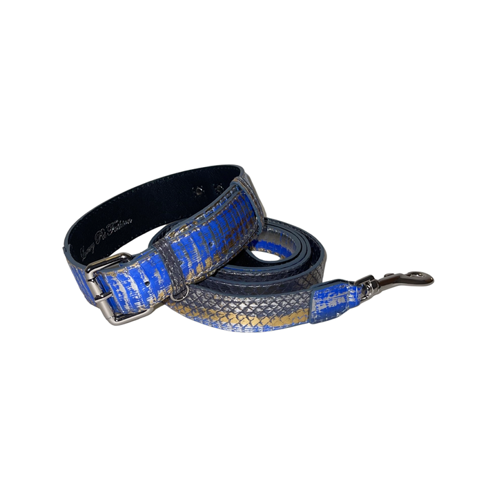 Stunning Multi-Color Blue/Silver/Gold Snake, Classic Collar &amp; Leash Set With Silver Hardware